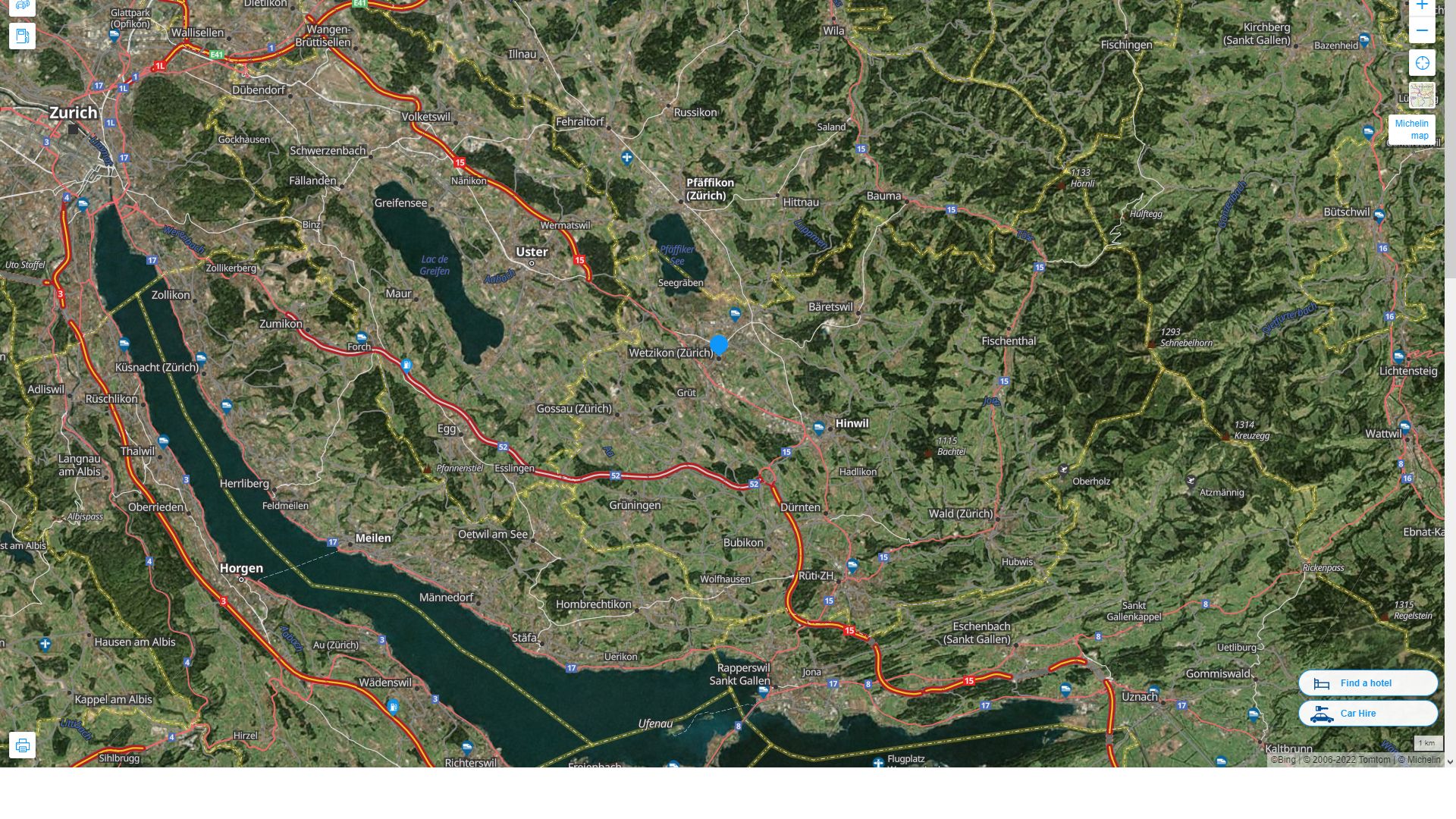 Wetzikon Suisse Autoroute et carte routiere avec vue satellite